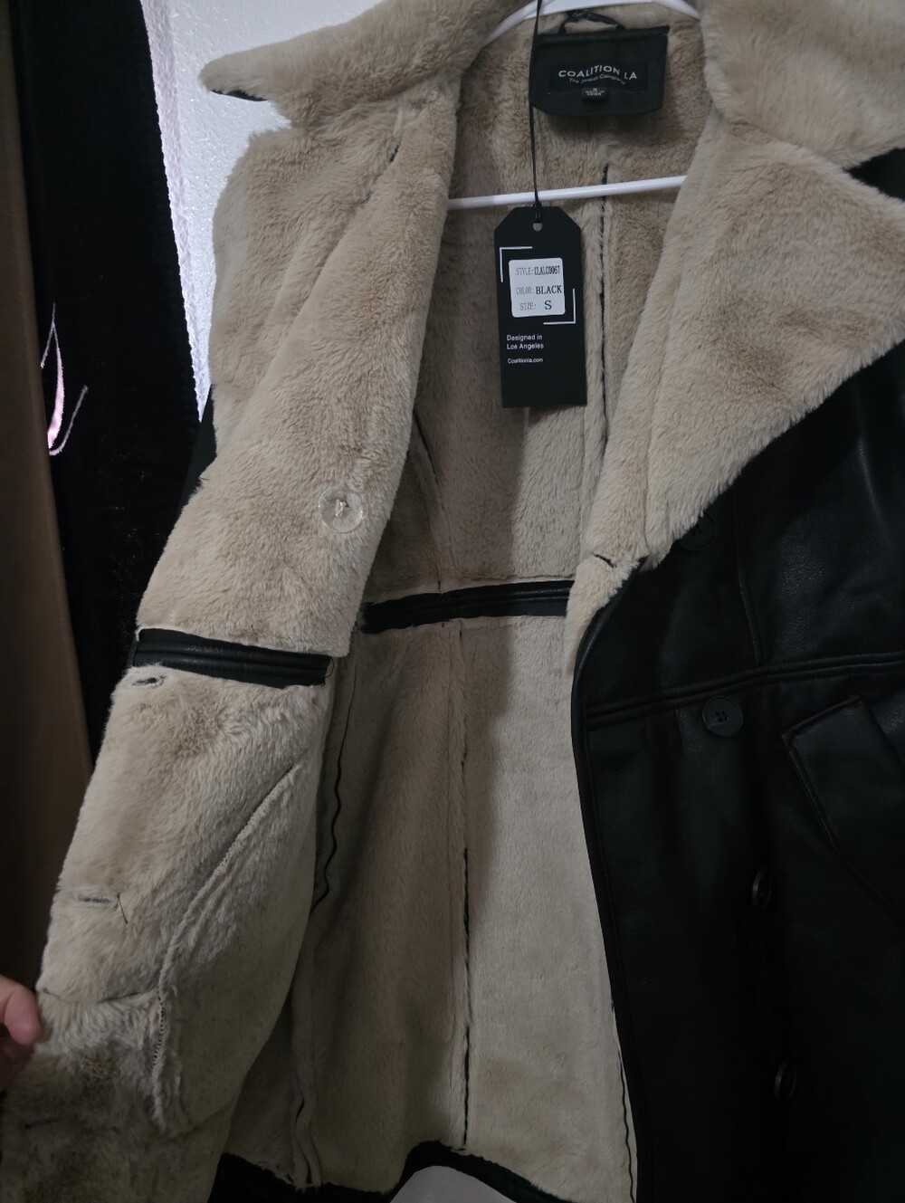 Coalition LA Women's Black Leather Shearling Coat - Beige Lining